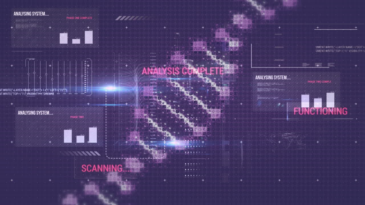 Animation of dna strand and digital data processing over black background