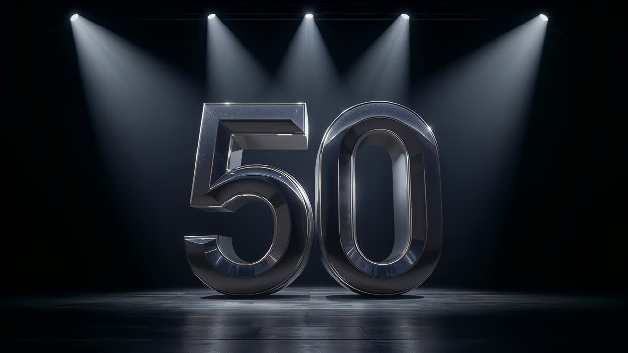 Adjusting overhead spotlights illuminating chrome 50 on studio stage for anniversary