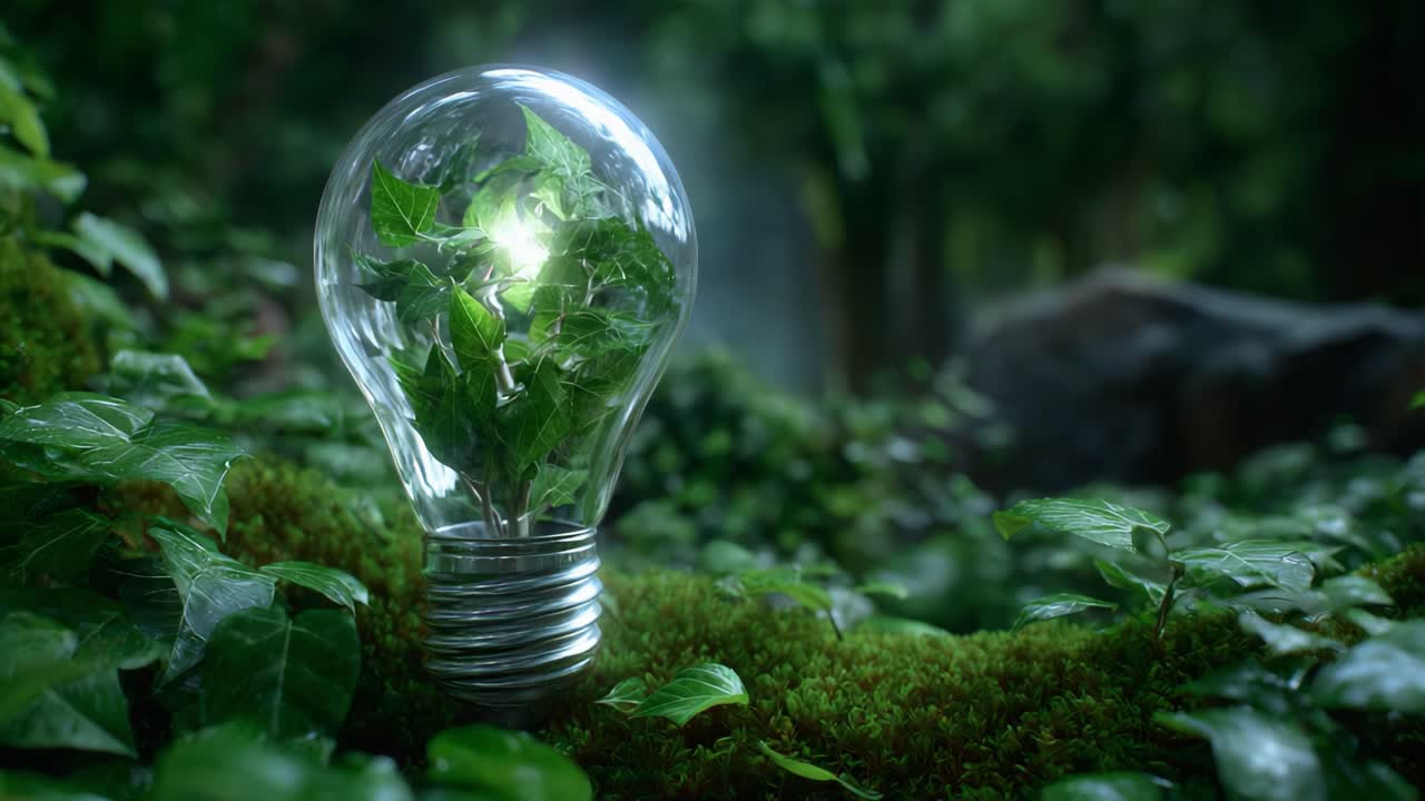 Una lussureggiante lampadina piena di foglie verdi che simboleggiano la natura e la sostenibilità illumina un ambiente forestale vivace, unendo la tecnologia con idee ecologiche