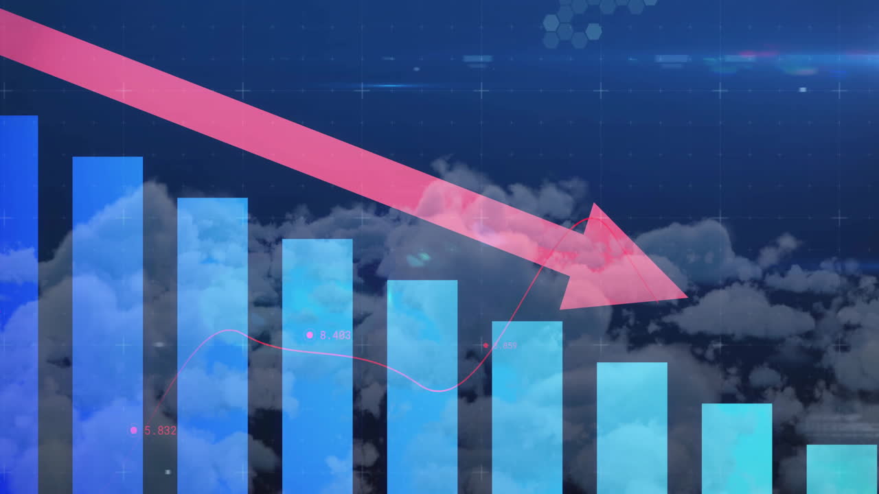 구름이 가득한 하늘 배경 위에 아래로 향하는 화살표 애니메이션으로 하락하는 바 차트