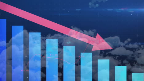 declining bar chart with downward arrow animation over cloudy sky background