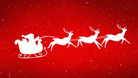 snow falling over santa claus in sleigh being pulled by reindeers against red background