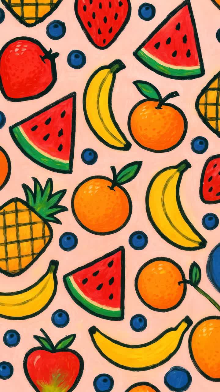 Colorful hand-drawn fruit pattern with bananas, pineapples, and berries