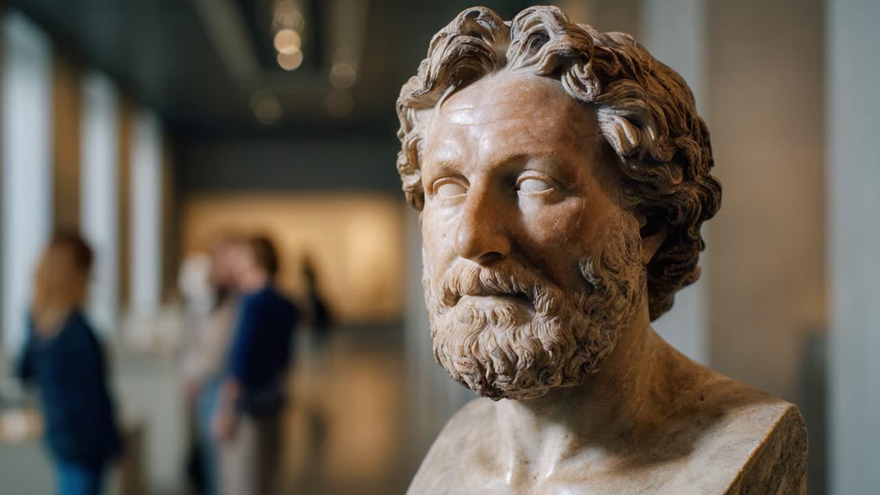Busto de mármol increíblemente detallado de una figura histórica, capturado en dos planos en un museo, que muestra la maestría artística y el patrimonio cultural.