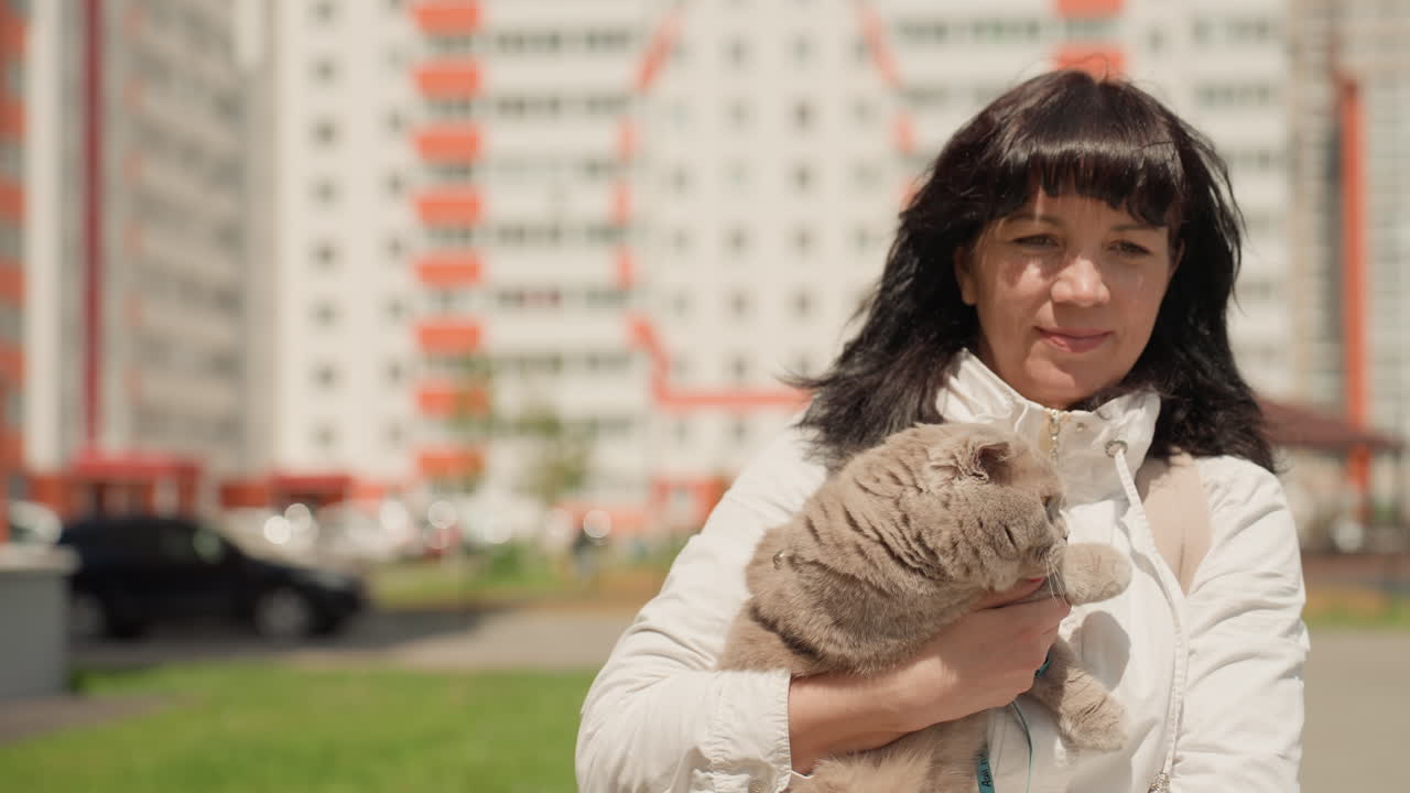 Woman Calms Cat, Woman Gently Holds And Inspects Gray Feline Beside Apartment Parking Area, Caucasian Woman Carefully Comforts And Examines Her Gray Cat After Brief Journey By Vehicle