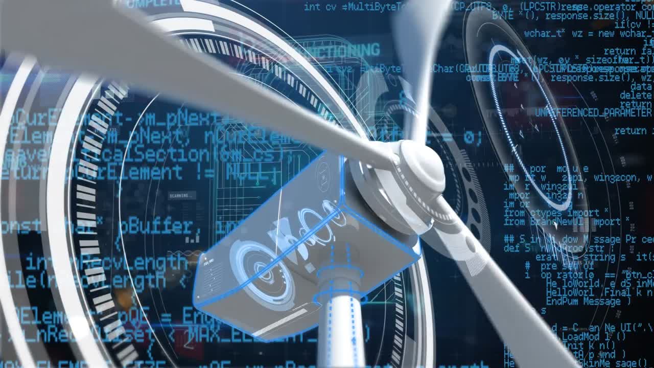 블랙 배경에 데이터 처리 및 범위 스캐닝을 통해 풍력 터빈의 애니메이션