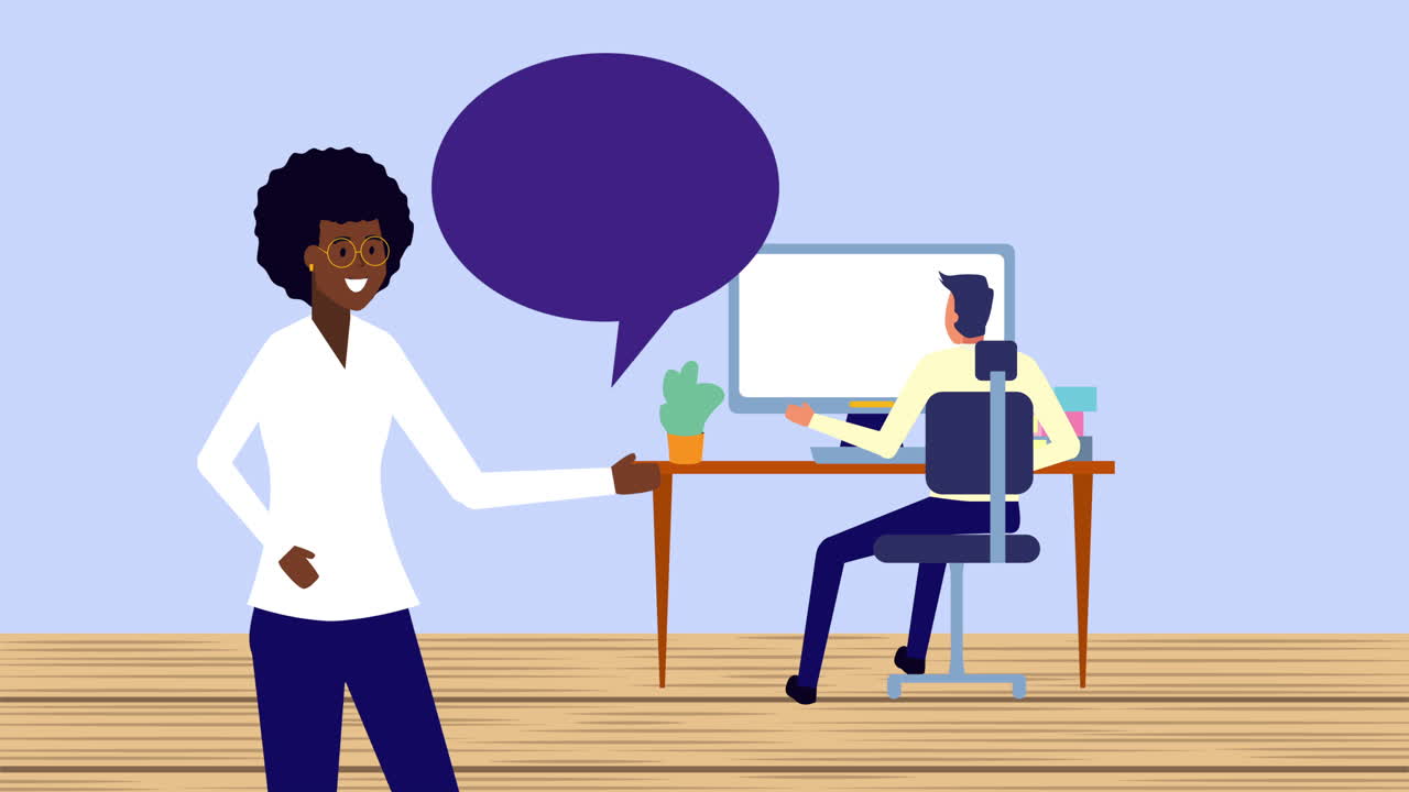 business interracial couple in the office animation