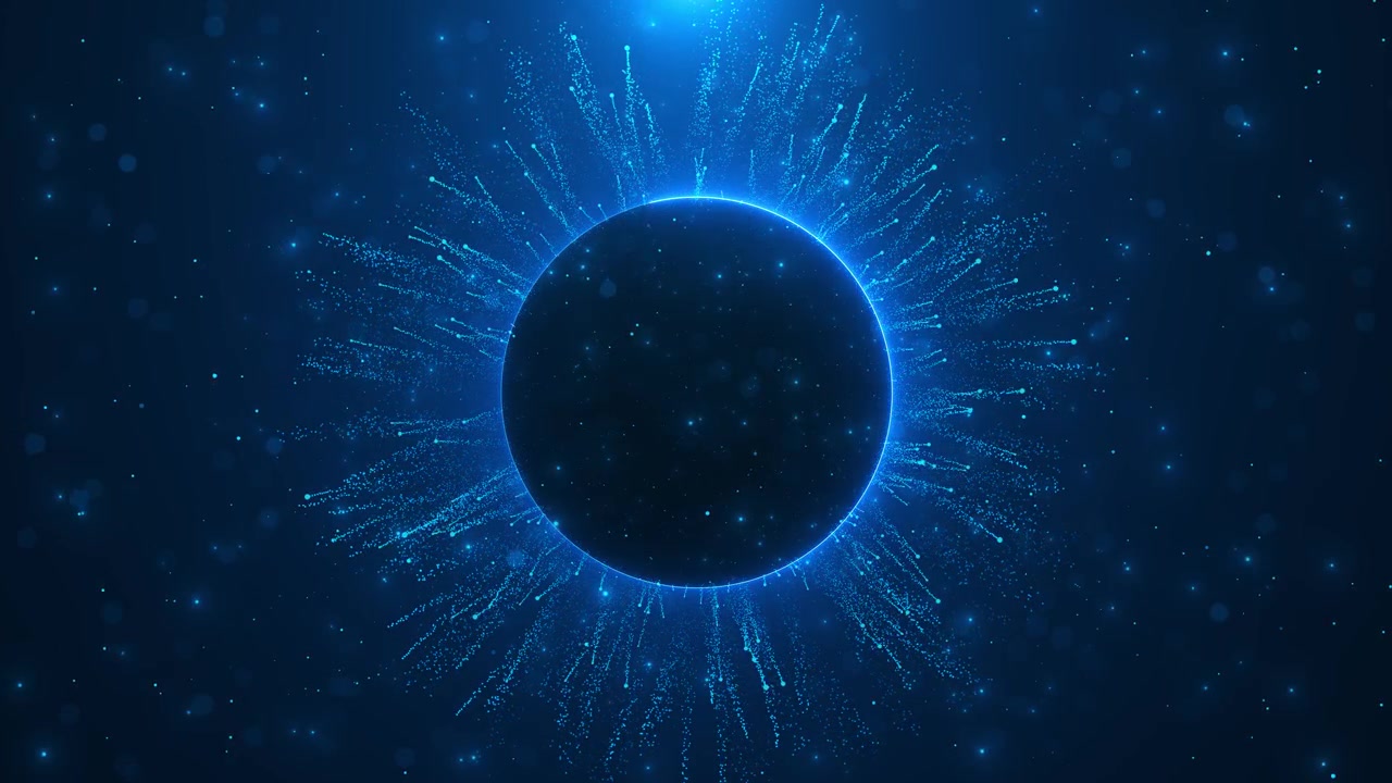 Blue particle eclipse background dark circular center glowing rim radial dust trails cosmic