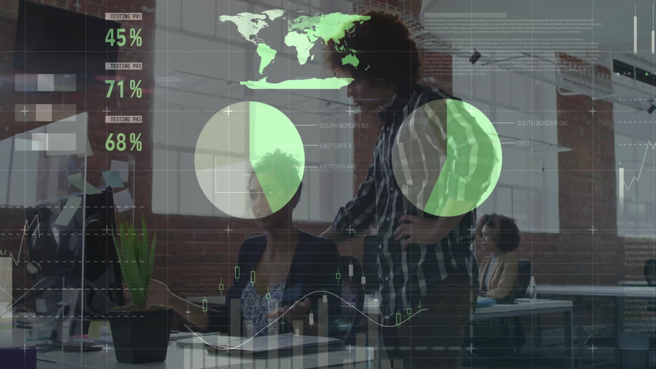 Animation of financial data processing over diverse business people in office