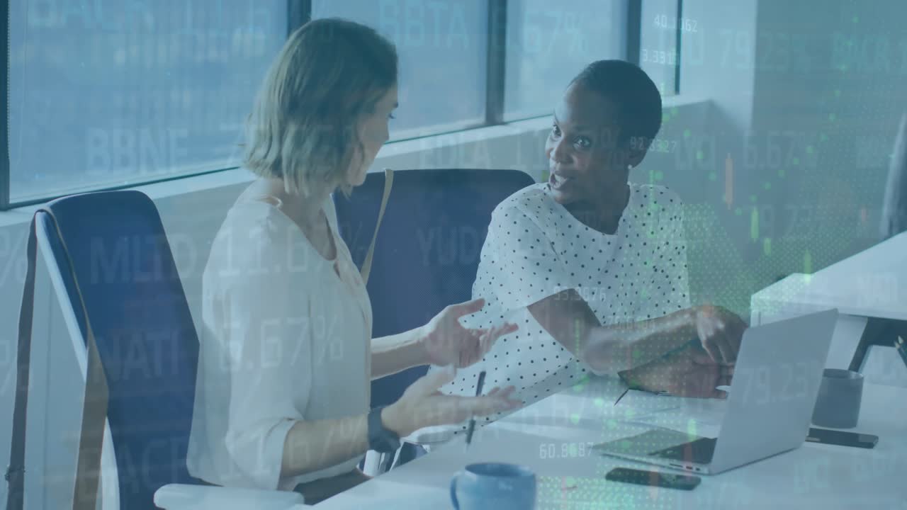 Animation of graphs and trading board on diverse female colleagues analyzing reports over laptop