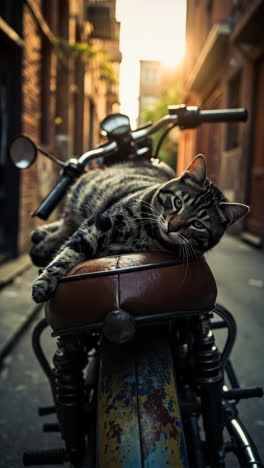 a tabby cat lounges on a vintage motorcycle in an urban alleyway