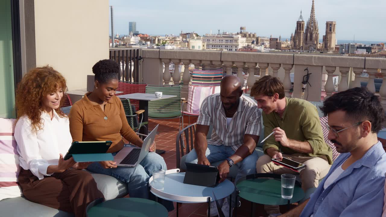 Team meeting on a rooftop in the city