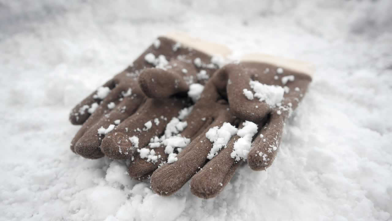 Brown Gloves Covered in Snow