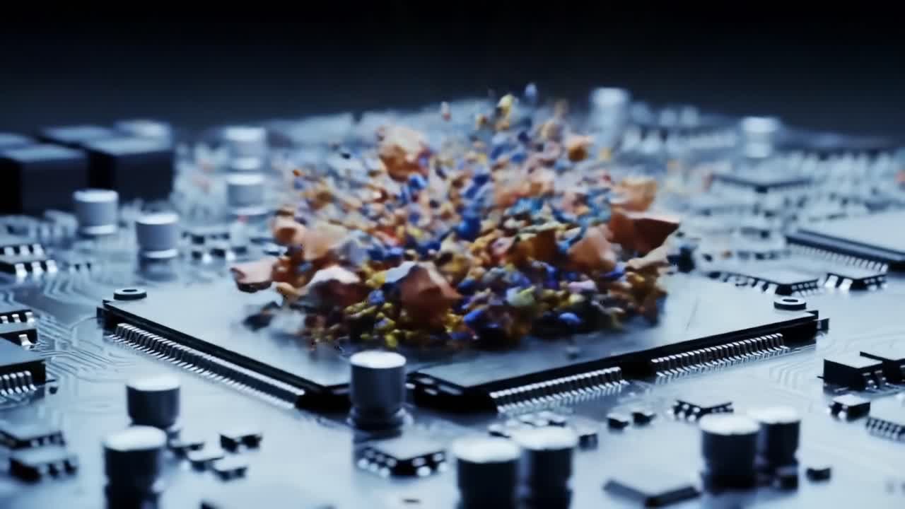 A striking visual transformation on a microchip surface, illustrating the dynamic interplay of colors and textures as particles evolve from a concentrated explosion to a spread-out formation