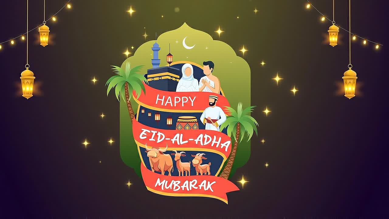 Carina illustrazione animata dell'Eid al-Adha con un bambino che abbraccia una pecora, sfondo verde, luna, nuvole e decorazioni con luci festive