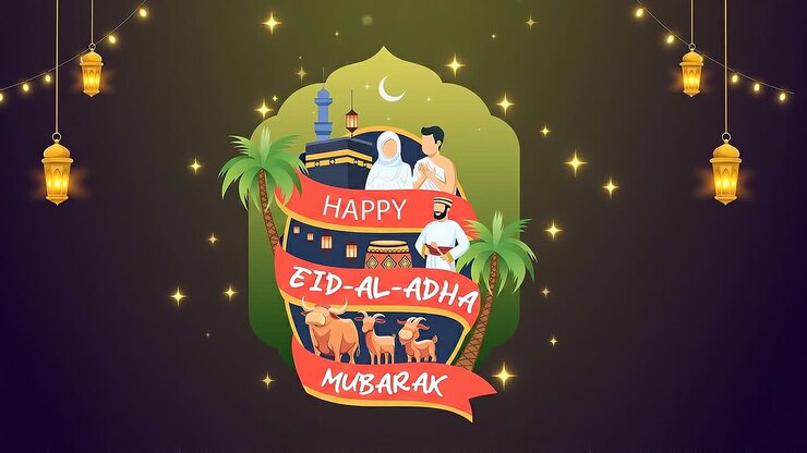 Carina illustrazione animata dell'Eid al-Adha con un bambino che abbraccia una pecora, sfondo verde, luna, nuvole e decorazioni con luci festive