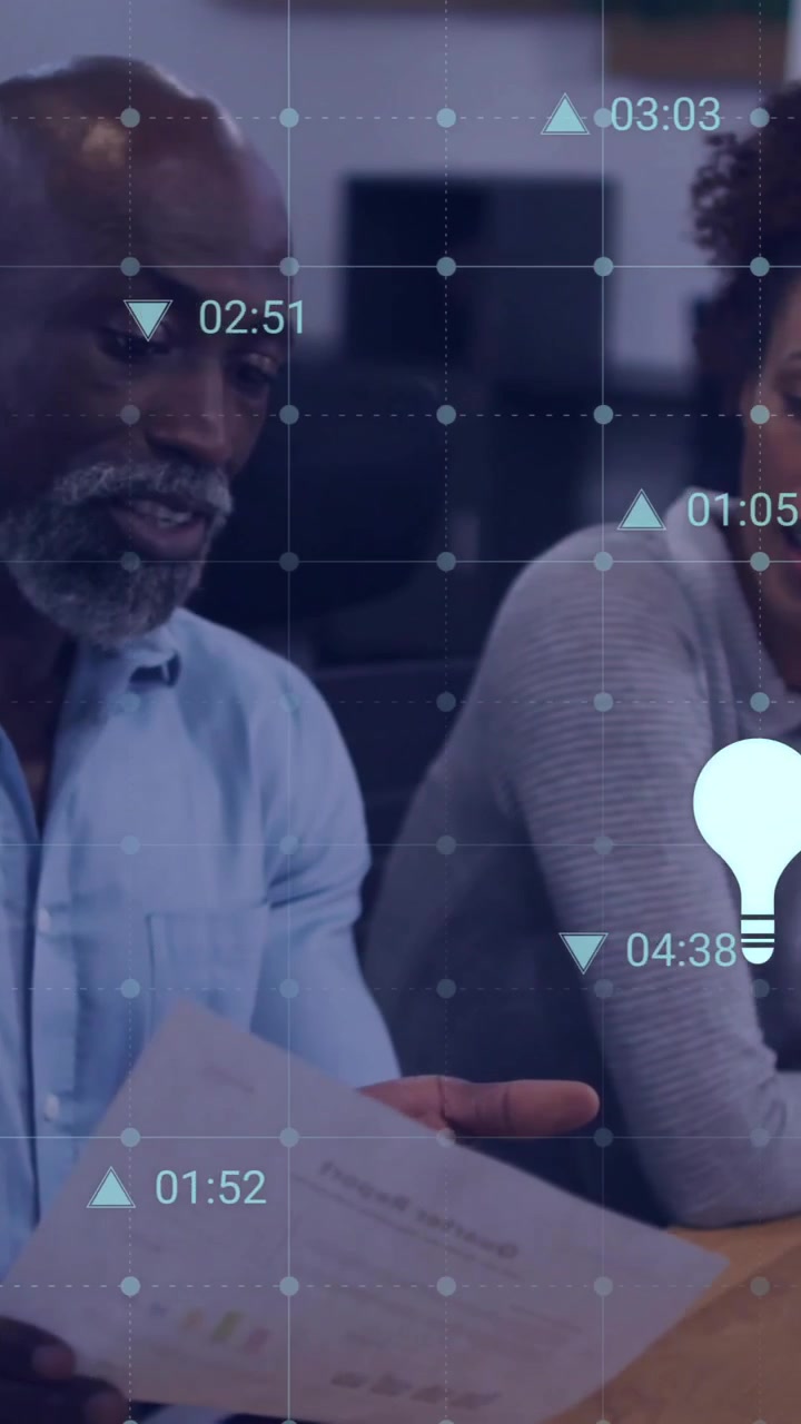 Animation of financial data processing over diverse business people in office