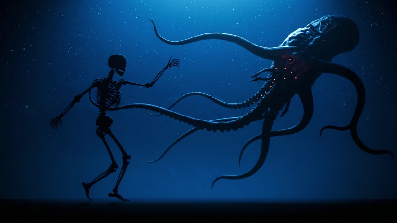 An Animated Encounter Between a Skeleton and a Mythical Sea Creature, Capturing the Essence of Adventure and Fear in a Mysterious Underwater World
