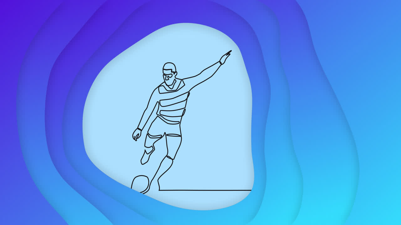 animación de dibujo de un jugador de rugby masculino pateando la pelota y formas en fondo azul