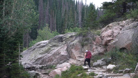 female hiker with backpack in pristine nature of rocky mountains, colorado usa