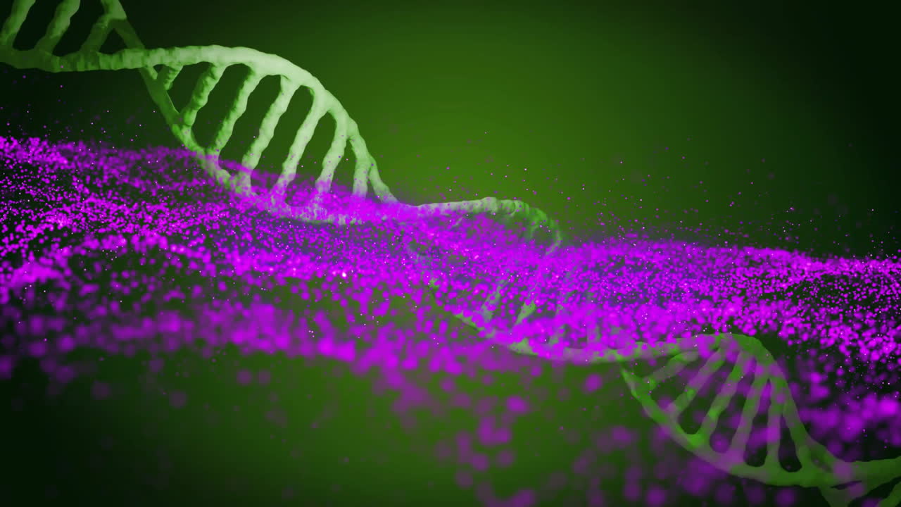 Animation of DNA strand intertwining with purple particles on green background