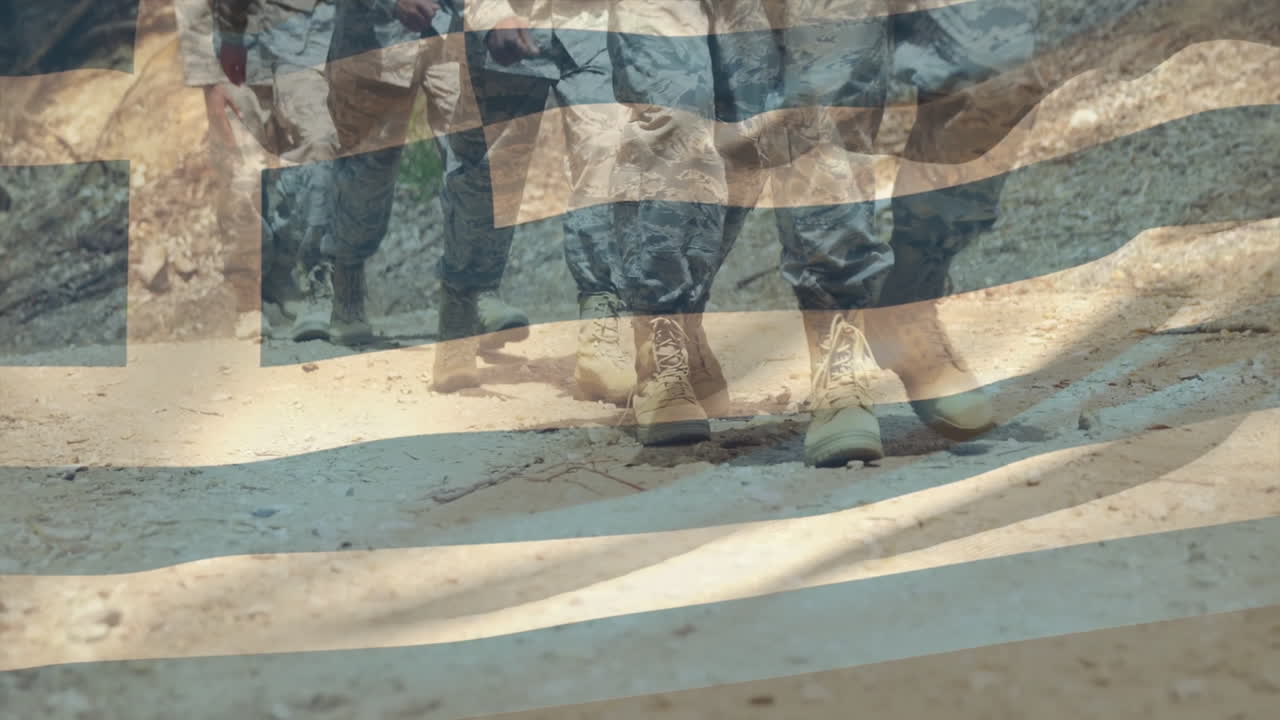 Marching military personnel with waving flag animation overlay at school event