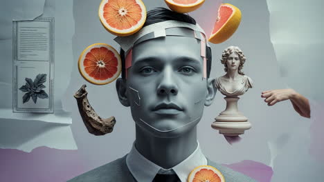 surreal portrait with grapefruits and deconstructed elements