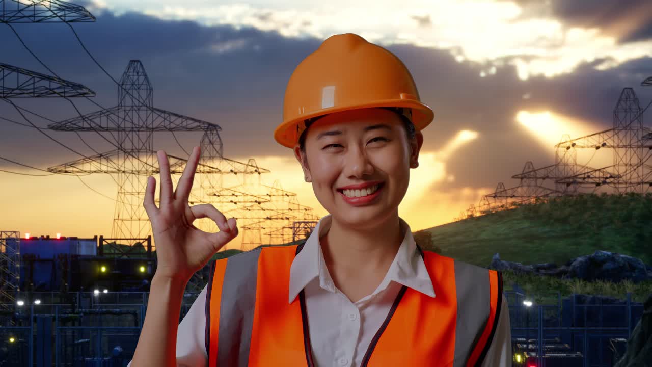 Close Up Of Asian Female Engineer With Safety Helmet Smiling And Showing Okay Gesture To The Camera While Standing Near High Voltage Tower