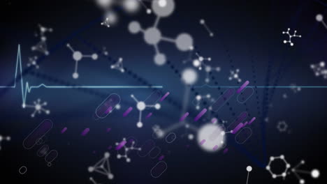 animación de rastros de luz y estructuras moleculares sobre el monitor de frecuencia cardíaca sobre fondo negro.
