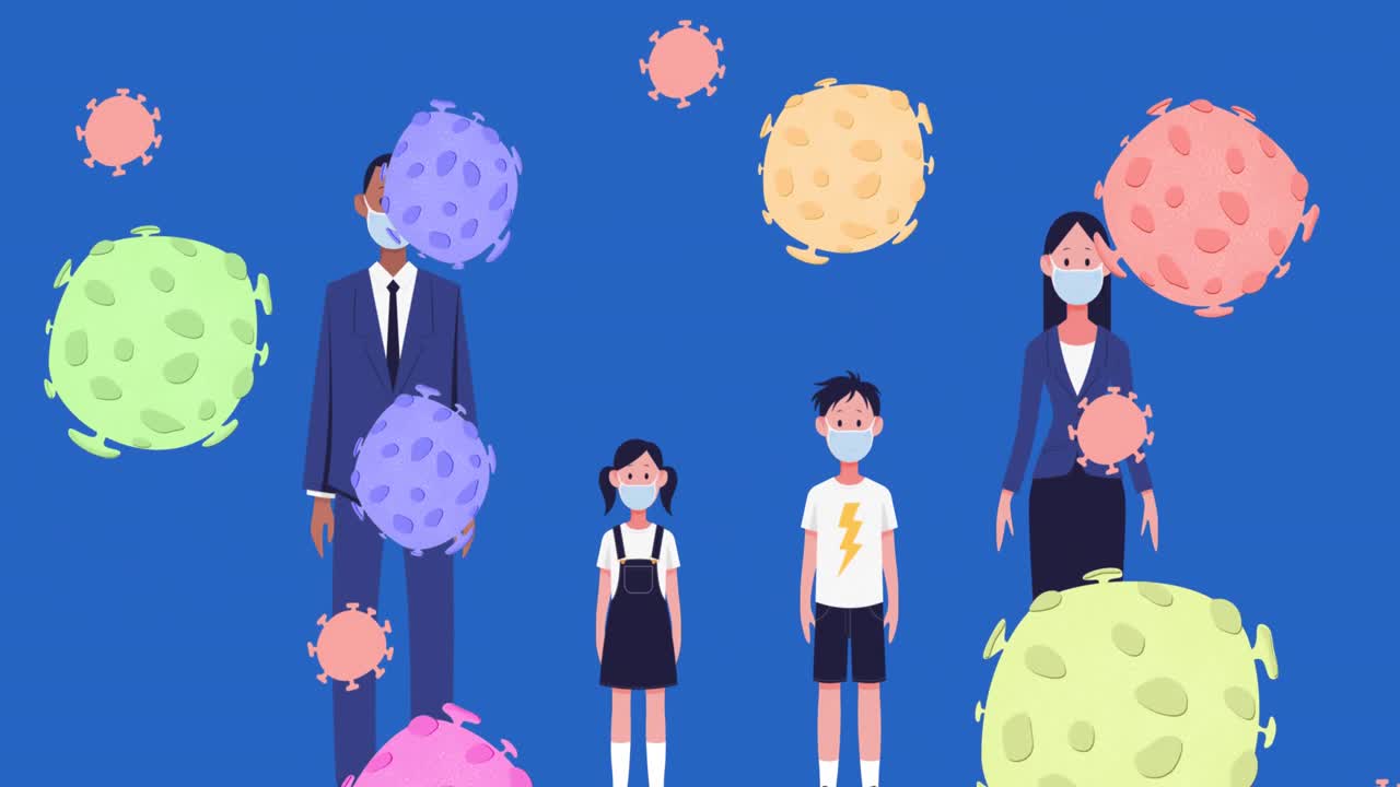 파란색 배경에 얼굴 마스크를 착용하는 가족에 대한 여러 코로나19 세포