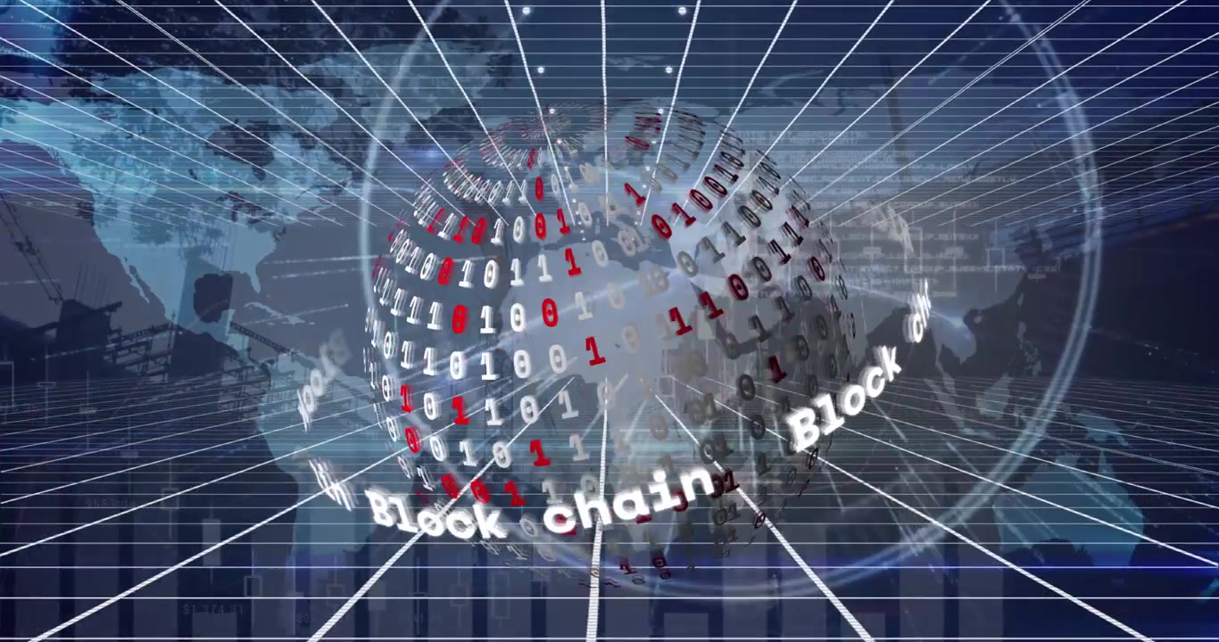 Animazione di globo con codice binario, rete di connessioni ed elaborazione dati