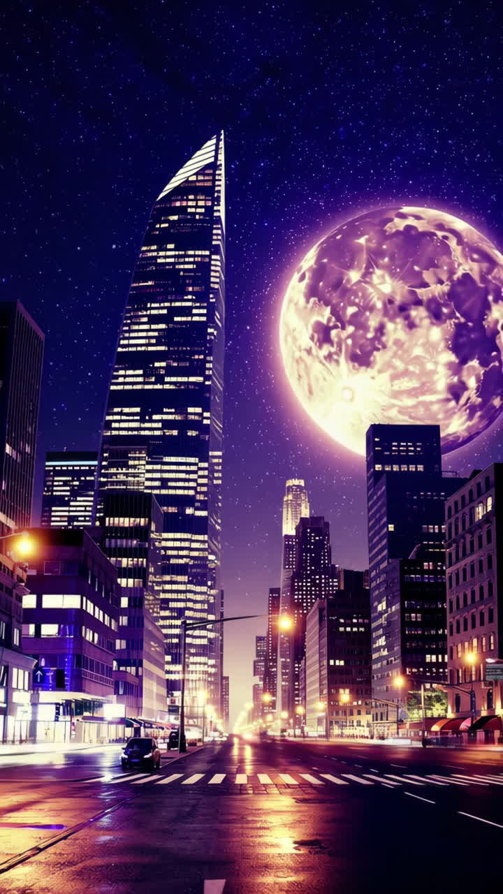 Paisagem Urbana Noturna Futurista com uma Grande Lua Rosa