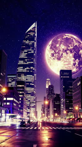a futuristic night cityscape with a large pink moon