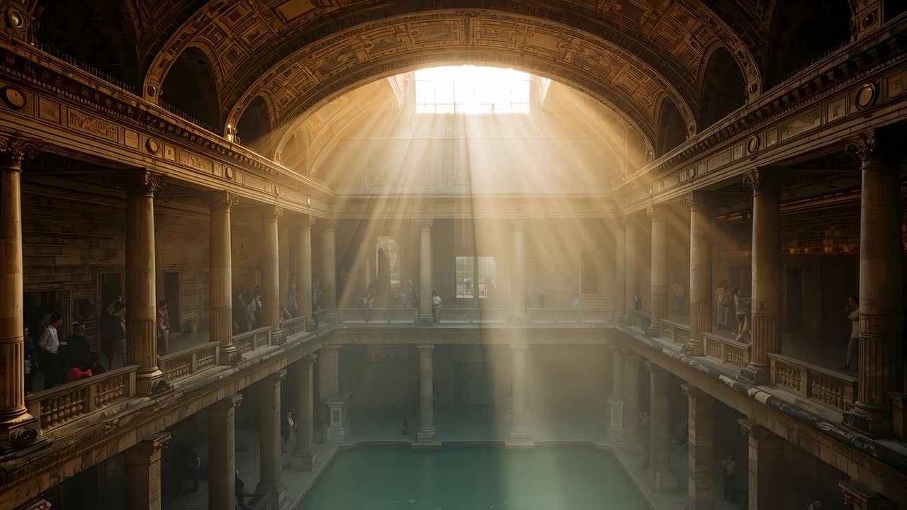 Streaming sun from skylight, pool and columns filling with haze, guests in coats filming on phones