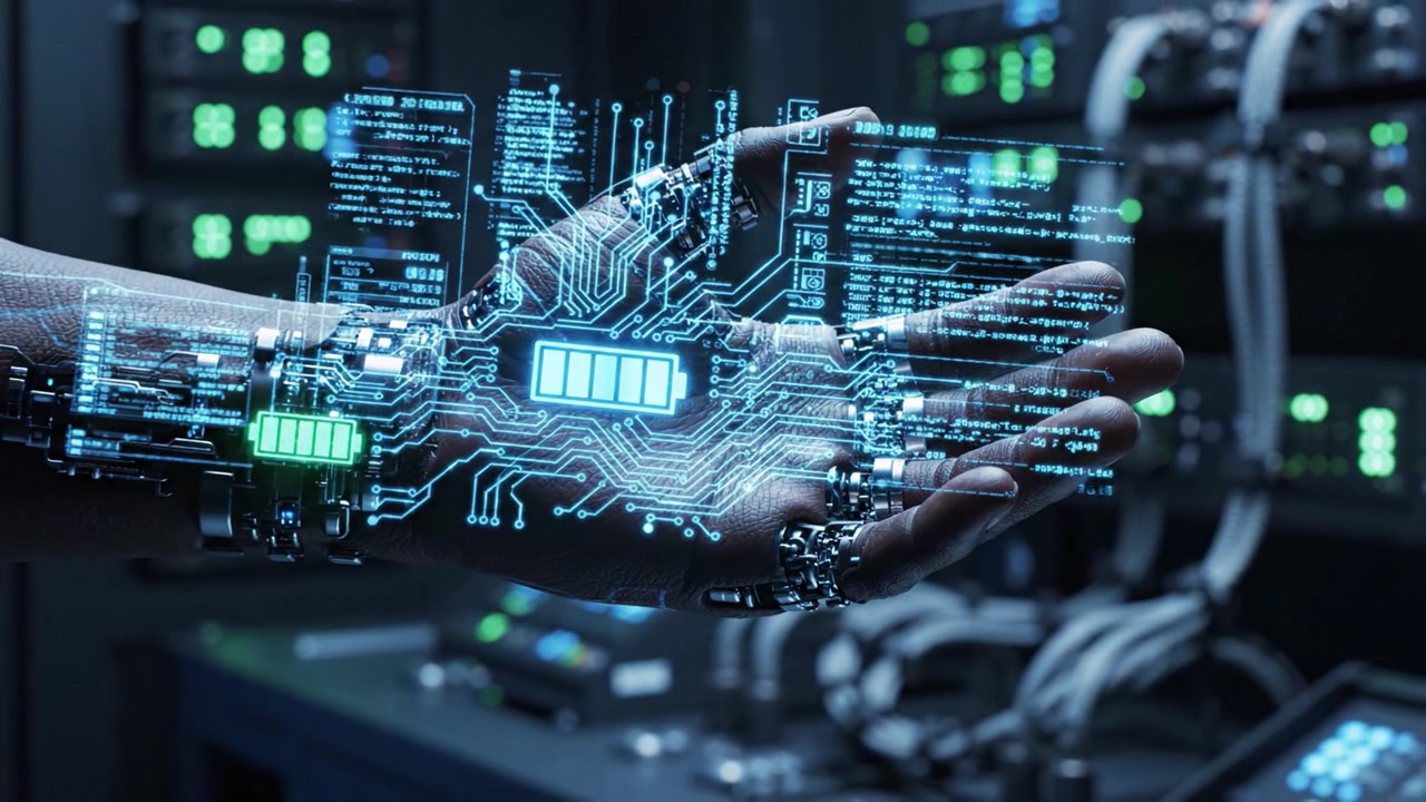 A Cybernetic Hand Showcasing Advanced Technology with a Battery Indicator Illuminated, Illustrating the Future of Human-Machine Interaction and Integration