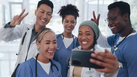 doctors, team and selfie with diversity