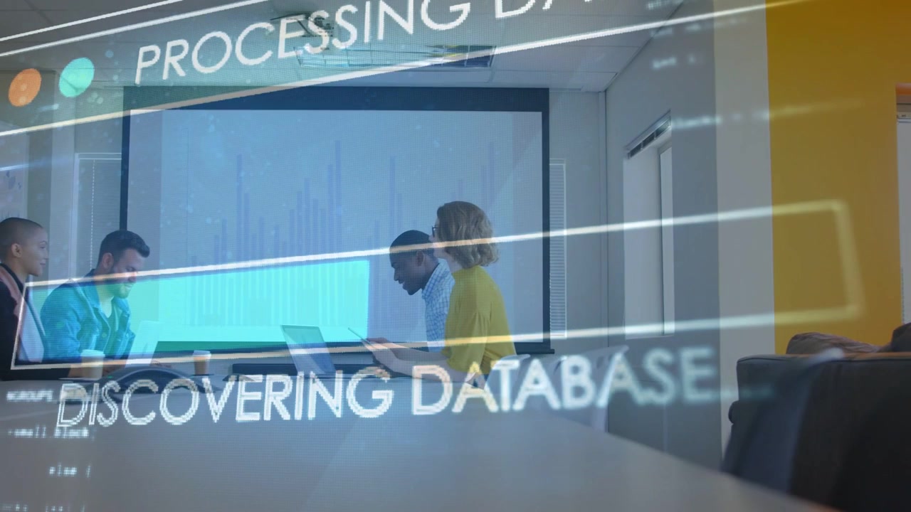 Team typing while overlay cycling messages obscuring view and revealing data chart, monitoring data