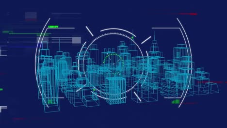 Animación-De-Interferencias-Y-Escaneo-De-Alcance-Sobre-Ciudad-Digital-Sobre-Fondo-Azul