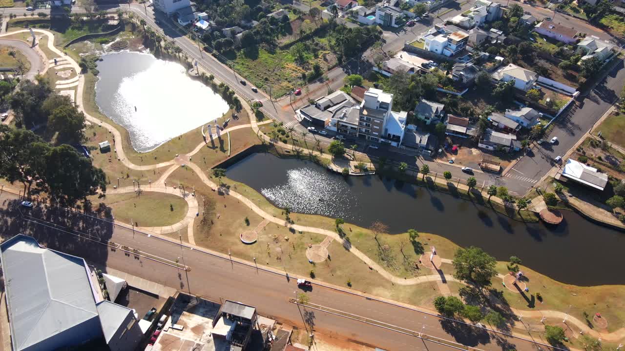 Aerial view captures the vibrant border plaza connecting Bernardo de Irigoyen, Argentina, and Dion&iacute;sio Cerqueira, Brazil