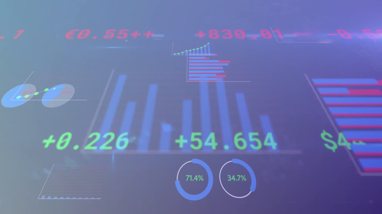Animation of multiple graphs, trading board and loading circles with lens flare in background