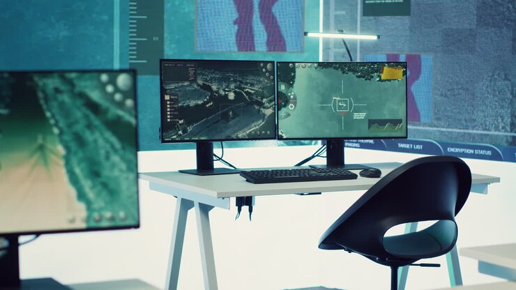 Sala di monitoraggio del quartier generale dell'esercito governativo con grande schermo
