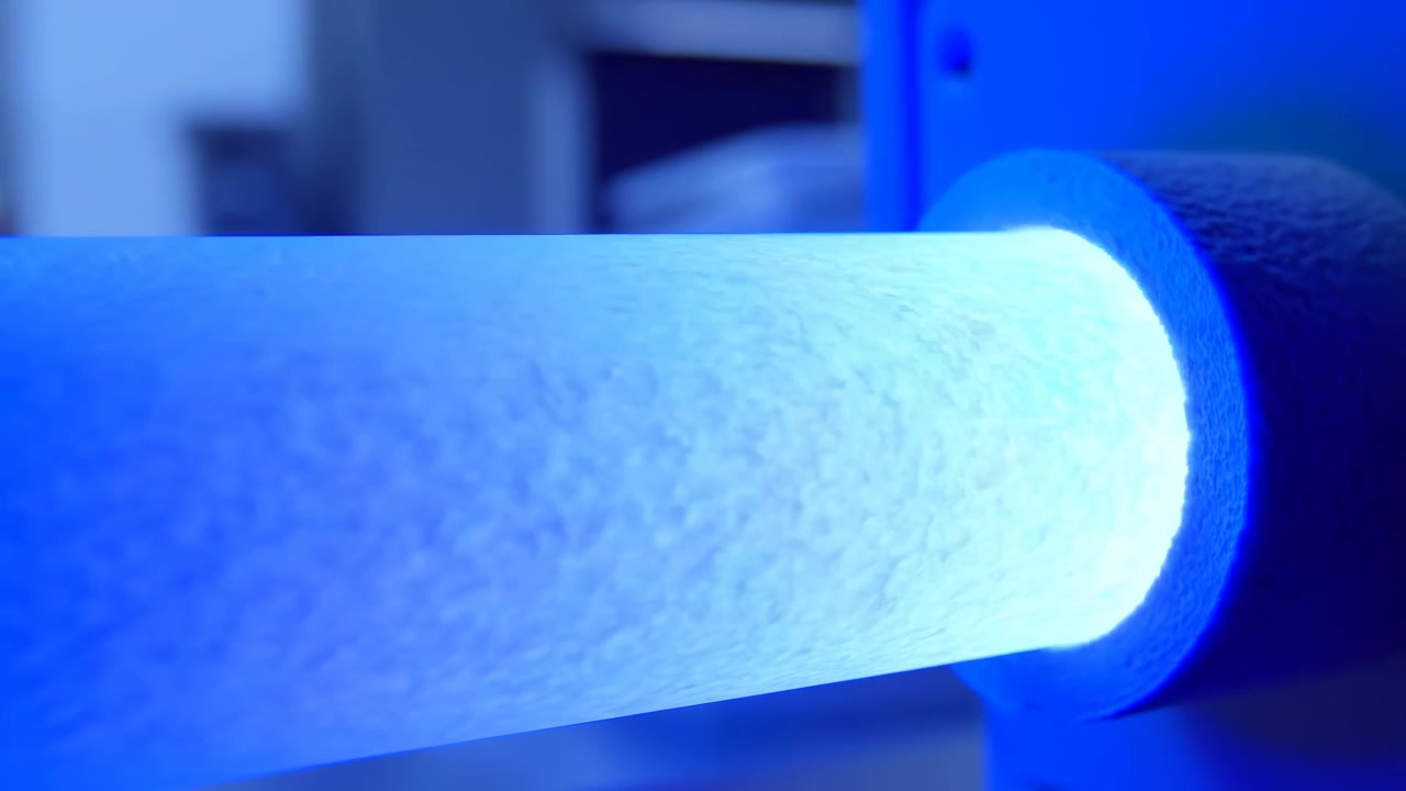 Un primo piano mostra un cilindro luminoso testurizzato che si estende orizzontalmente in un raccordo rotondo scuro mentre cambia colore durante la clip, con attrezzatura leggermente sfocata dietro di esso.