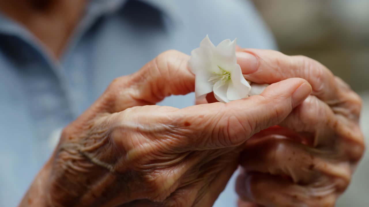 Elderly Hands Holding a White Flower