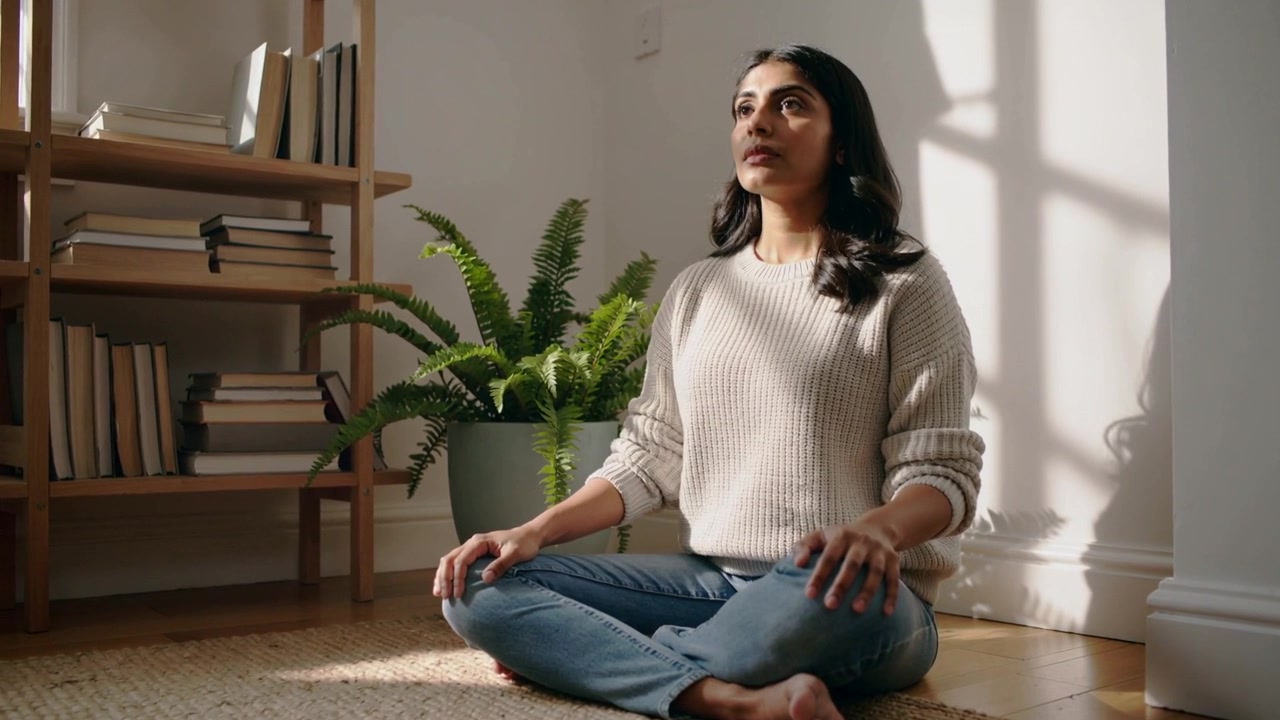 Mulher sentada de suéter e jeans meditando em um tapete perto da janela, com o sol projetando sombras perto da estante e uma samambaia.