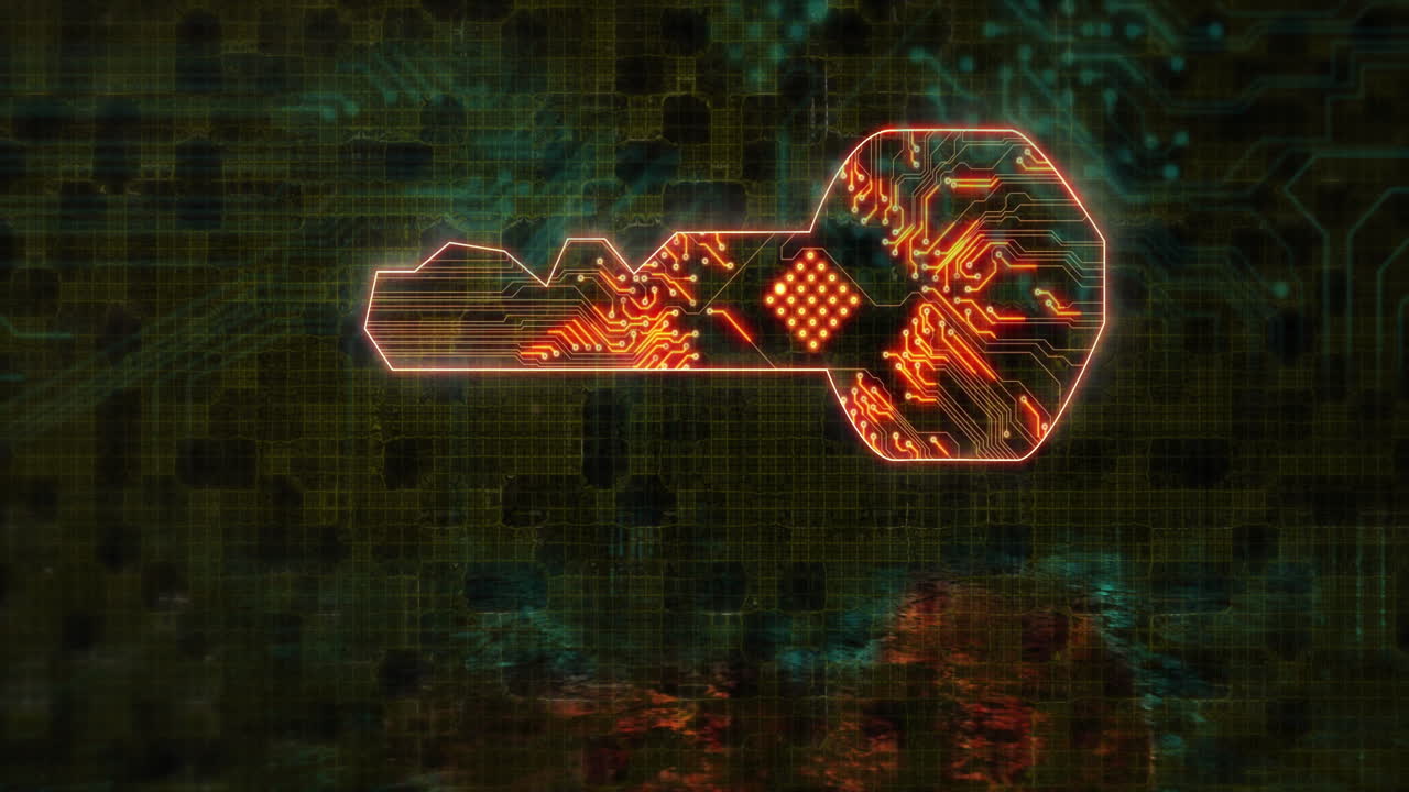 Animation of glowing digital key with circuit patterns on tech background