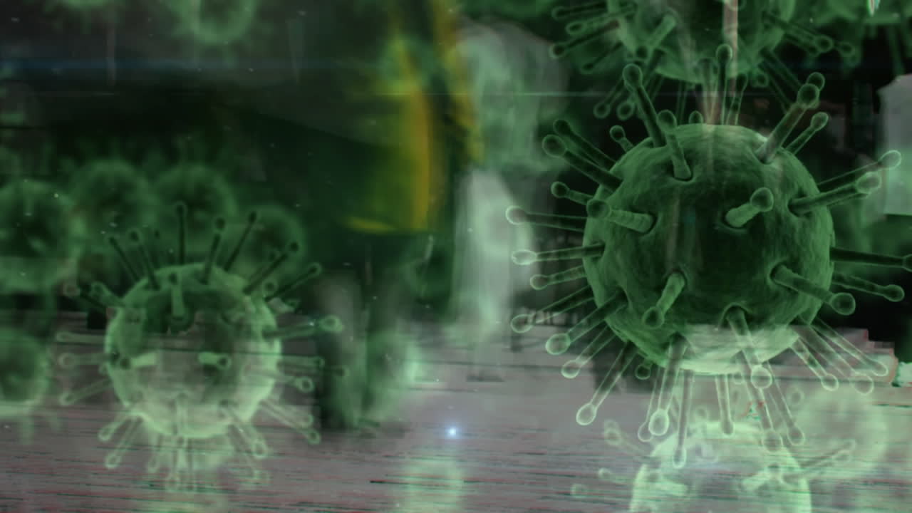 animación de células de covid 19 sobre personas que caminan