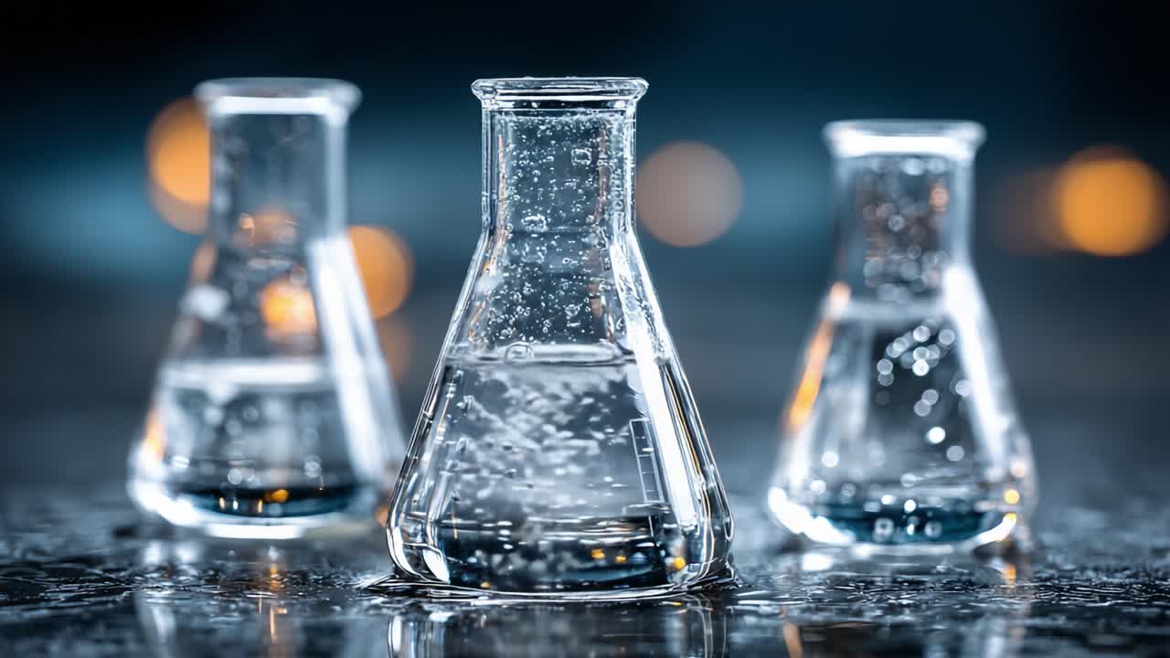 Une série de béchers en verre étincelants présentant des bulles dans un liquide clair, capturée en gros plan artistique et dramatique avec un éclairage de fond doux