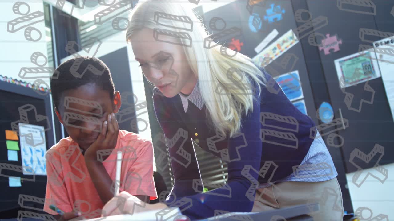 Animation of mathematical symbols over caucasian female teacher teaching african american schoolboy