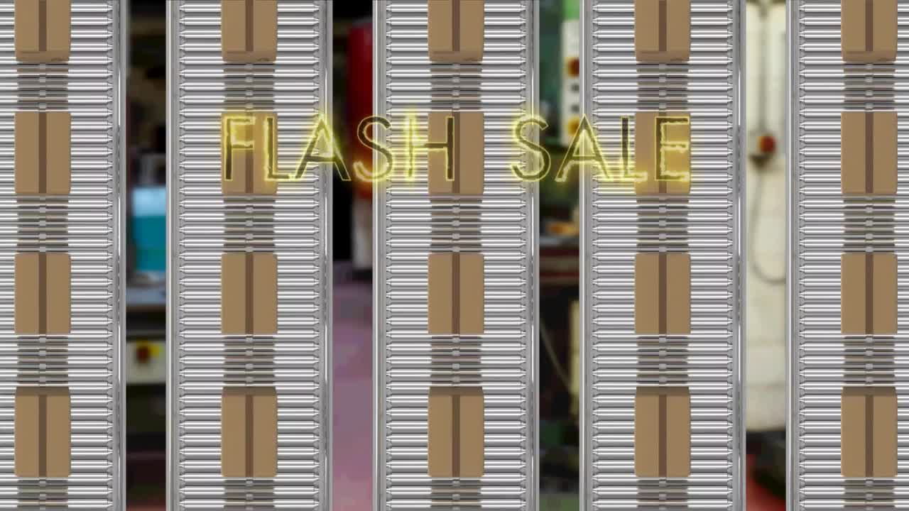 공장에 대항하는 컨베이어 벨트에 있는 여러 배달 상자 위에 네온 노란색 플래시 판매 텍스트 배너