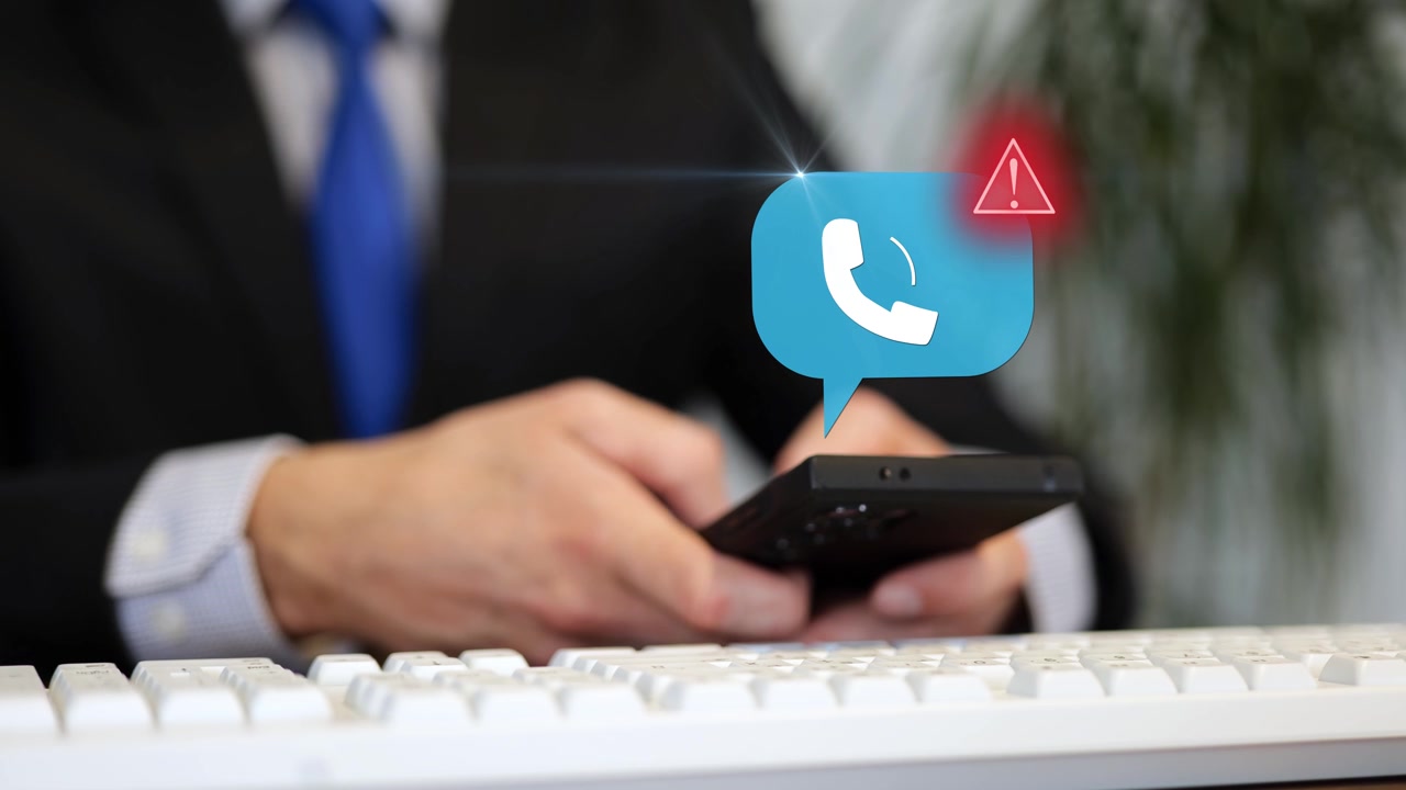 Serangan Phishing atau Vishing. Notifikasi Peringatan Penipuan Muncul dengan Seseorang Menggunakan Ponsel di Atas Keyboard di Latar Belakang. Bidikan jarak dekat.